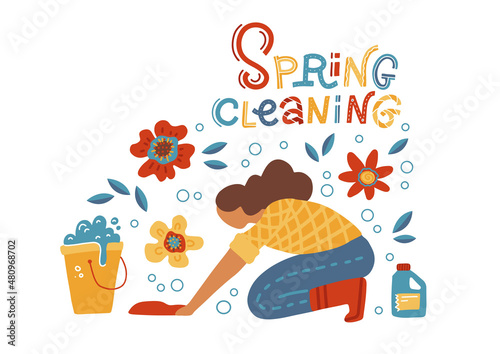 Housewife washing floor on knees. Woman cleaner using cloth and bucket. Spring cleaning concept with flowers. Girl doing housework. Cleaning service concept. Flat hand drawn vector illustration.