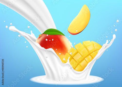 Mango and milk splash. Fruit and yogurt. 3d realistic isolated vector, whole and a slice of mango fall into a milky splash, editable handmade mesh