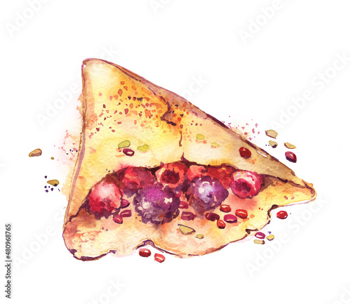 pancake watercolor berries dessert food delicious rolled up bag isolated sweet cooking at home raspberry blackberry pomegranate fruity