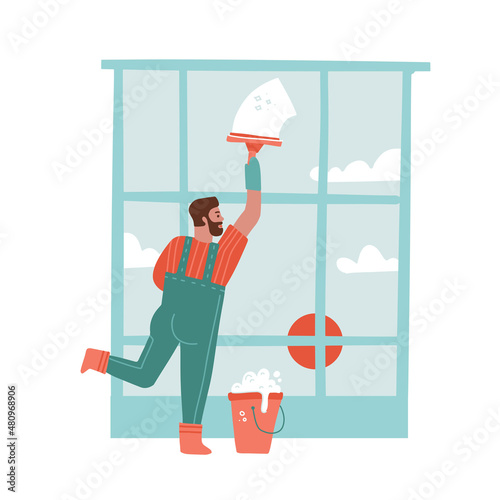 A man cleaning the window with a windscreen wiper and a bucket. Male cleaner in uniform washing glass. Isolated hand drawn vector illustration.