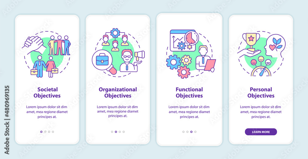 Objectives of Human resources management onboarding mobile app screen. Walkthrough 4 steps graphic instructions pages with linear concepts. UI, UX, GUI template. Myriad Pro-Bold, Regular fonts used Objectives of Human resources management onboarding mobile app screen. Walkthrough 4 steps graphic instructions pages with linear concepts. UI, UX, GUI template. Myriad Pro-Bold, Regular fonts used