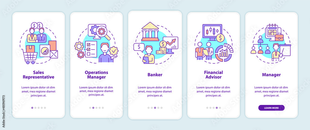 Business management careers onboarding mobile app screen. Walkthrough 5 steps graphic instructions pages with linear concepts. UI, UX, GUI template. Myriad Pro-Bold, Regular fonts used