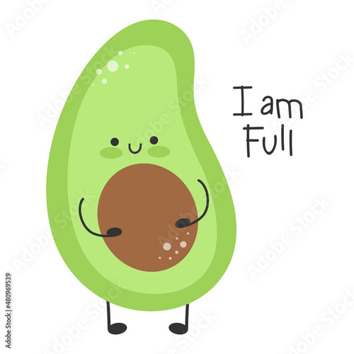 Cute avocado character is holding on to the belly bone and smiling. I am full.