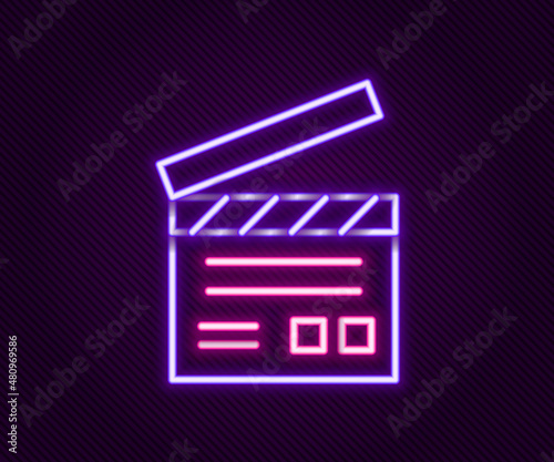 Glowing neon line Movie clapper icon isolated on black background. Film clapper board. Clapperboard sign. Cinema production or media industry. Colorful outline concept. Vector