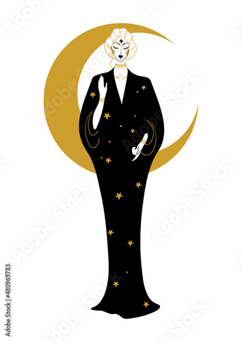 Woman in black dress with stars and crescent moon, mystical character for tarot, astrology, horoscope. Witch vector illustration isolated on white background.