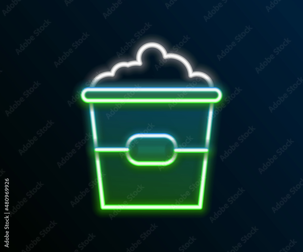 Glowing neon line Popcorn in cardboard box icon isolated on black background. Popcorn bucket box. Colorful outline concept. Vector Glowing neon line Popcorn in cardboard box icon isolated on black background. Popcorn bucket box. Colorful outline concept. Vector