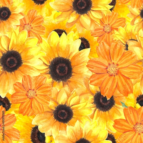 Watercolor sunflowers seamless pattern.