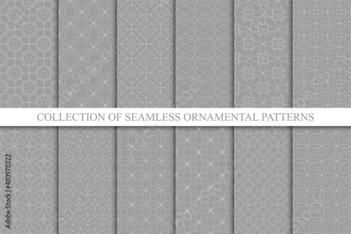 Collection of vector gray seamless geometric ornamental patterns - oriental backgrounds. Monochrome repeatable prints