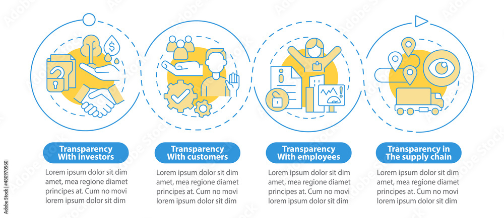 Examples of transparency blue circle infographic template. Data visualization with 4 steps. Process timeline info chart. Workflow layout with line icons. Myriad Pro-Bold, Regular fonts used