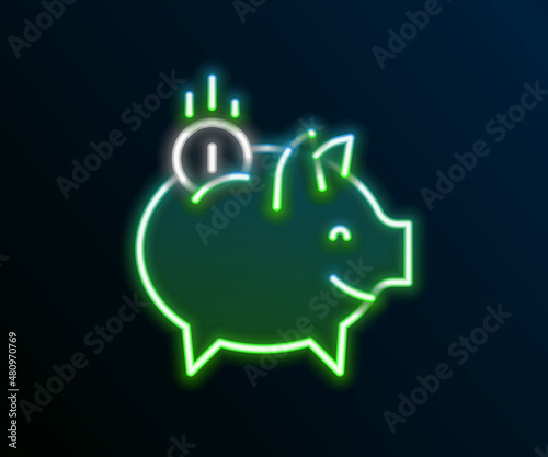 Glowing neon line Piggy bank with coin icon isolated on black background. Icon saving or accumulation of money, investment. Colorful outline concept. Vector