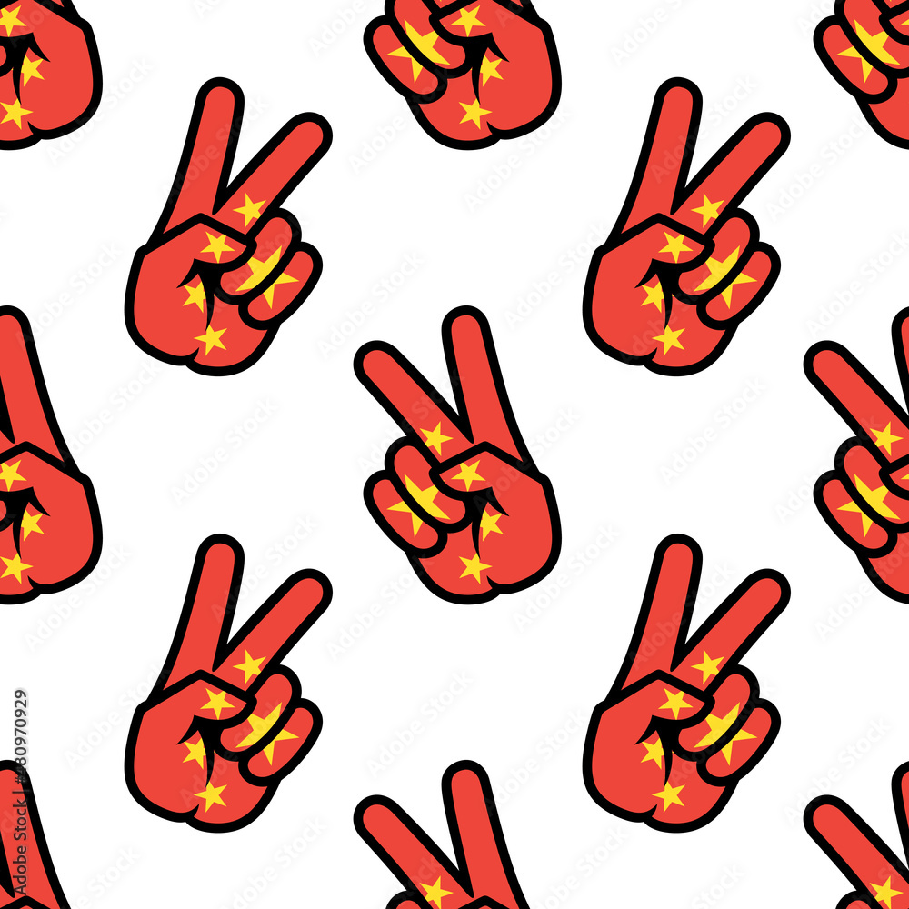 Fototapeta premium China a flag in the form of a peace sign. Seamless background. A patriotic sign. Gesture V is a sign of victory. Icon for apps, websites, T-shirts, souvenirs, etc., isolated on a white background