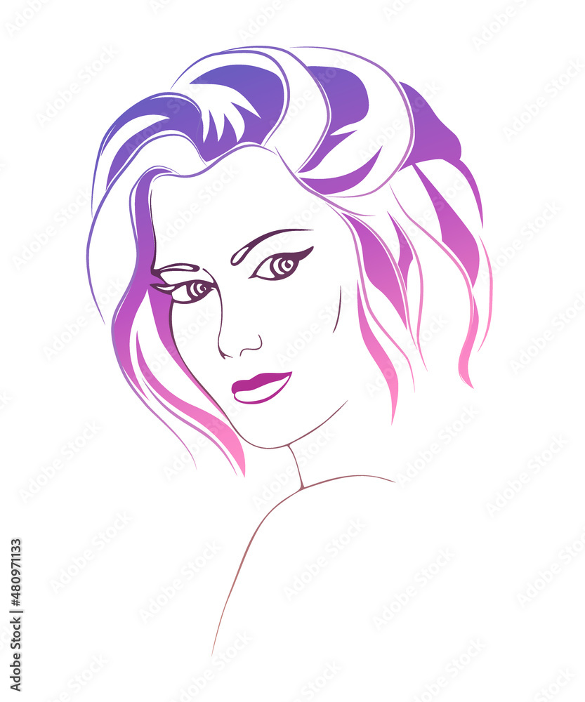 Half-turn portrait of a beautiful young girl with short hair. Fne colorful gradient toned line vector drawing isolated on white background. Half-turn portrait of a beautiful young girl with short hair. Fne colorful gradient toned line vector drawing isolated on white background.