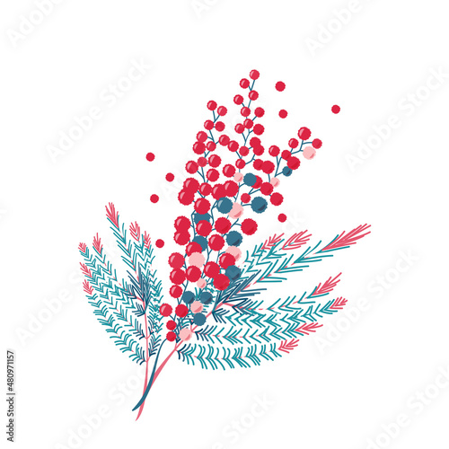 Red mimosa flower. Isolated on white illustration. Womens day celebration.