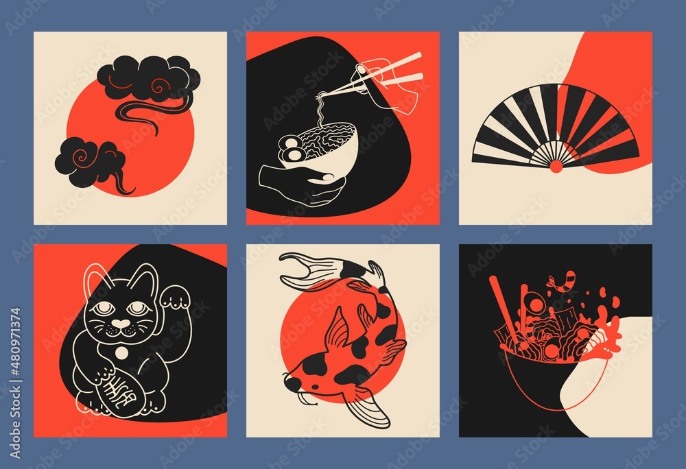 Hand drawn abstract shapes, asian style illustration set. Big set of ...