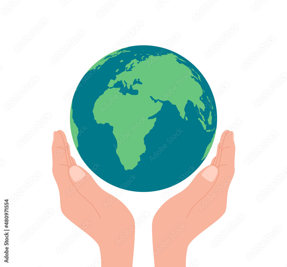 Save the earth concept. Happy Earth day. Hands holding planet. Eco care for world, globe. Protect of environment. vector Save the earth concept. Happy Earth day. Hands holding planet. Eco care for world, globe. Protect of environment. vector