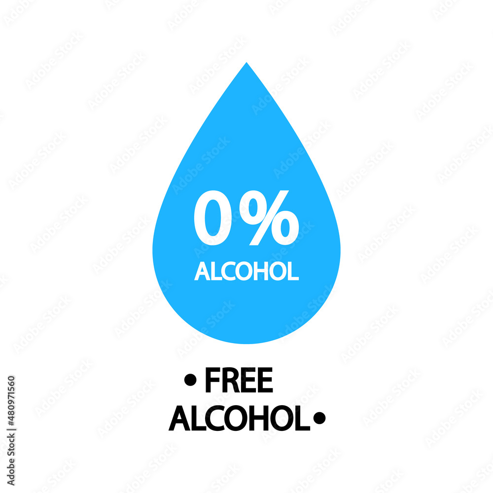 Alcohol free icon. Non alcohol in cosmetic, antiseptic, beer and others products. Symbol, logo and sign for 0 percent. Zero icon for medicine, skin and safe. Label, sticker and stamp. Vector Alcohol free icon. Non alcohol in cosmetic, antiseptic, beer and others products. Symbol, logo and sign for 0 percent. Zero icon for medicine, skin and safe. Label, sticker and stamp. Vector