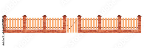 Brick-wooden fence. brick-wooden gate. Barrier for garden, farm and house. Fence with door for enclosure and protection. Wood or stone wall for boundary of yard. Vertical partition. Vector