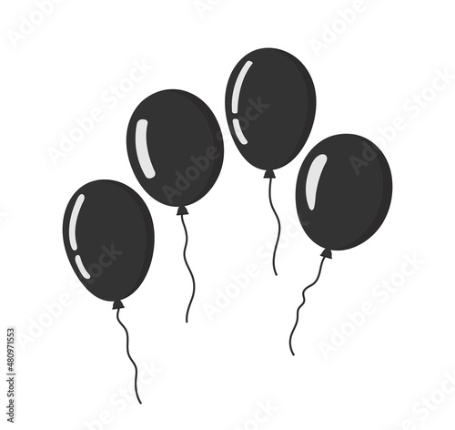 Balloon icons. Flat baloons bunch for birthday, party and carnival. Black ballons with rope. Simple silhouettes isolated on white background. Kid symbol. Vector