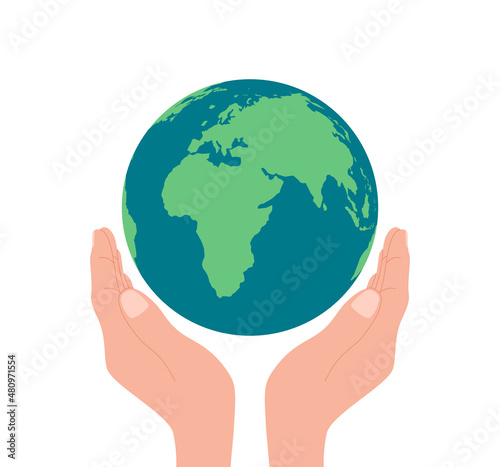 Save the earth concept. Happy Earth day. Hands holding planet. Eco care for world, globe. Protect of environment. vector