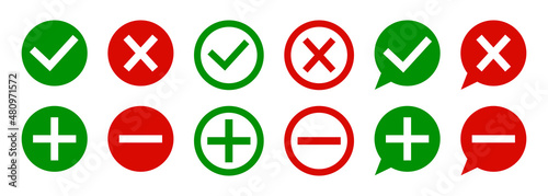 Plus, minus, checkmark and cross icons. Sign for negative or positive mark. Green and red buttons. Symbol of check, incorrect, right, add and less. Flat pictogram icons. Vector