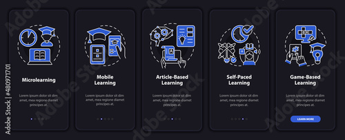 Elearning methods night mode onboarding mobile app screen. Walkthrough 5 steps graphic instructions pages with linear concepts. UI  UX  GUI template. Myriad Pro-Bold  Regular fonts used