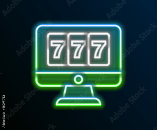 Glowing neon line Online slot machine with lucky sevens jackpot icon isolated on black background. Online casino. Colorful outline concept. Vector