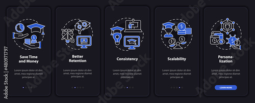 Advantages of elearning night mode onboarding mobile app screen. Walkthrough 5 steps graphic instructions pages with linear concepts. UI, UX, GUI template. Myriad Pro-Bold, Regular fonts used