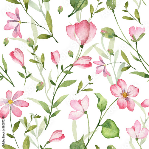 Square seamless pattern with soft watercolor flowers and green leaves. Hand painted wallpapers. Botanical illustration