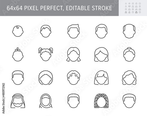 People avatar line icons. Vector illustration include icon - woman, baby, young person, grandfather, teenager, boy, toddler, adult outline pictogram for faces. 64x64 Pixel Perfect, Editable Stroke