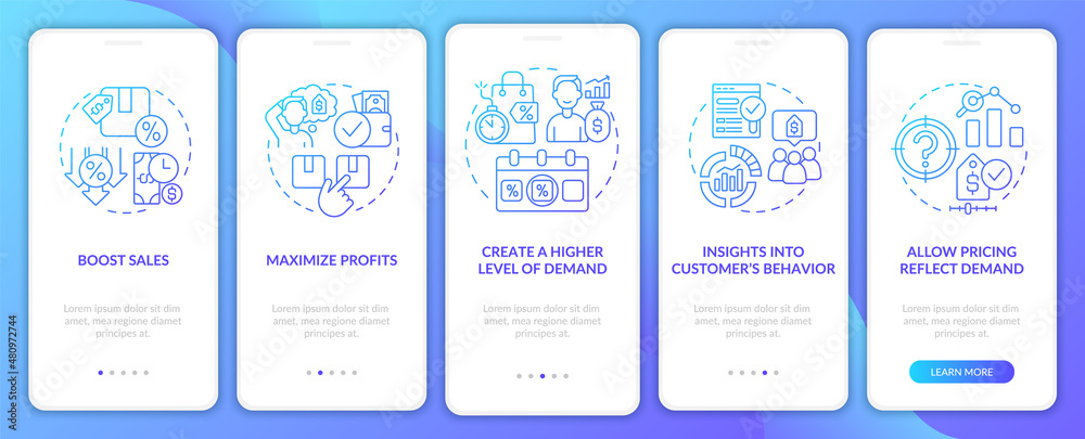 Dynamic pricing pros blue gradient onboarding mobile app screen. Walkthrough 5 steps graphic instructions pages with linear concepts. UI, UX, GUI template. Myriad Pro-Bold, Regular fonts used