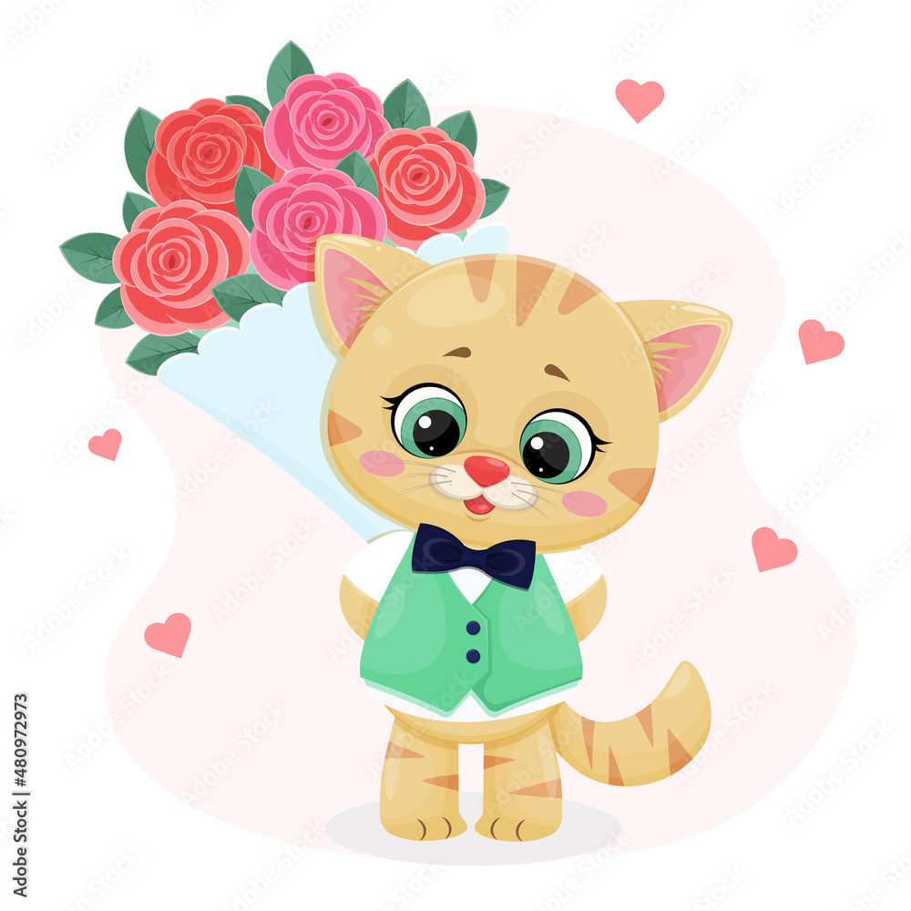 Cute kitten in green vest and bow tie butterfly with bouquet of roses Cute kitten in green vest and bow tie butterfly with bouquet of roses
