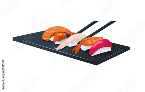 Sashimi sushi is set on a black tray. Japanese cuisine in the restaurant. Japanese food. Isolated on white background. Flat style. Japanese food. Vector illustration. 