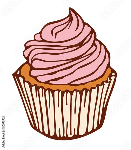 Vector illustration of cupcake. Isolated hand drawn confection.