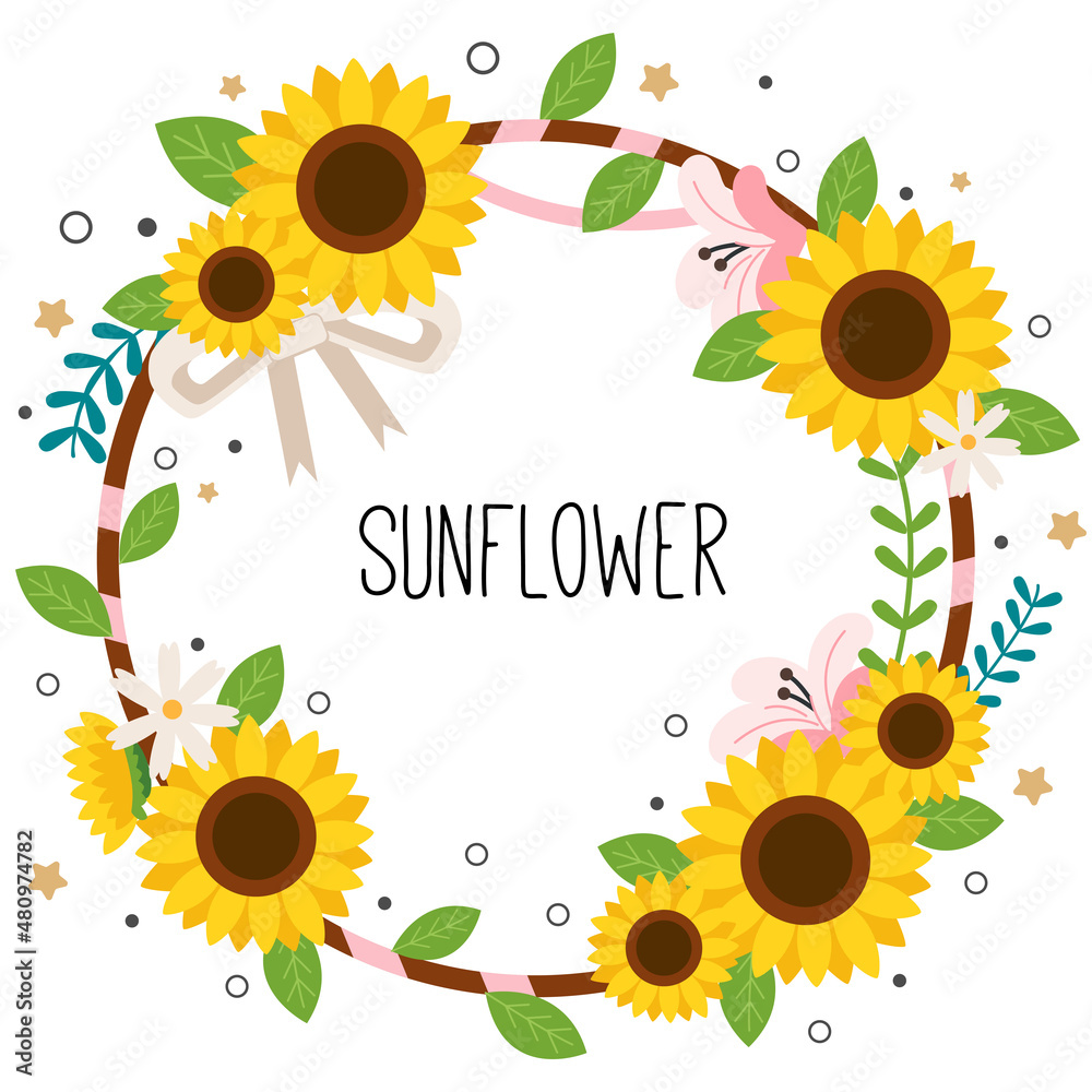 The cute sunflower with white flower with flowerring on the fream and text of sunflower . The cute sunflower. The cute sunflower and flower in flat vector style.