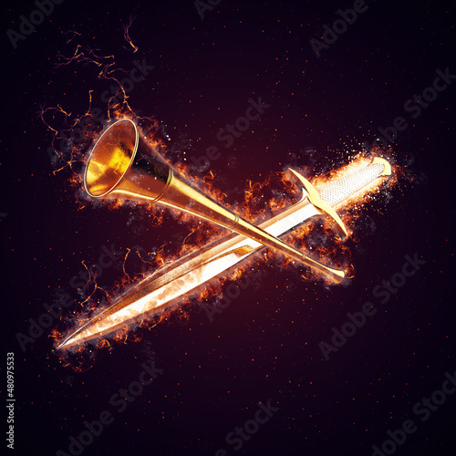 Obraz na plátne Medieval Sword and Trumpet Fire Action Background