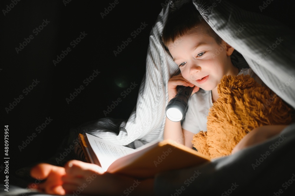 Child reading book in bed. Kids read at night. Little boy with fairy tale books in bedroom . Education for young children. Bedtime story in the evening. Cute kid under blanket in dark room with lamp. Child reading book in bed. Kids read at night. Little boy with fairy tale books in bedroom . Education for young children. Bedtime story in the evening. Cute kid under blanket in dark room with lamp.