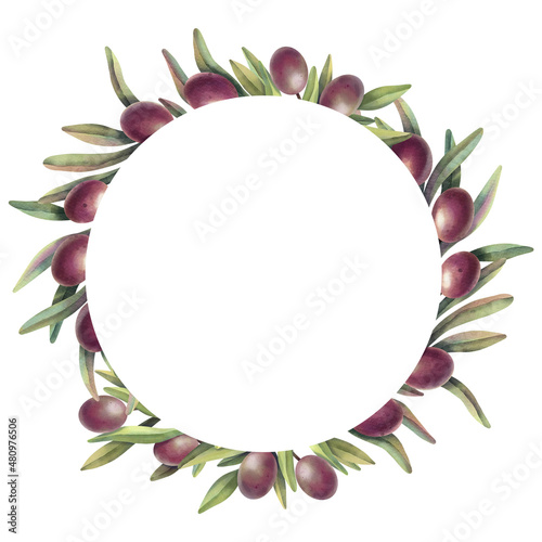 Watercolor frame of olive branches with fruits. Hand painted floral circle border with olive fruit and tree branches isolated on white background. 