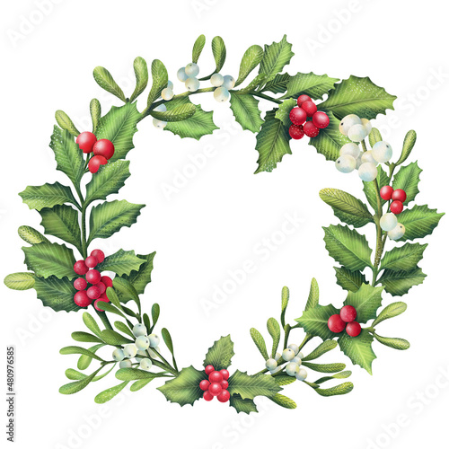 Fototapeta Naklejka Na Ścianę i Meble -   Watercolor wreath of holly and mistletoe branches. Hand painted floral circle border isolated on white background. 