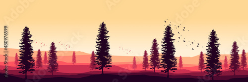 sunset forest landscape vector illustration for web banner, blog banner, wallpaper, background template, adventure design, tourism poster design, backdrop design