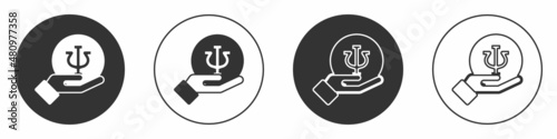 Black Psychology icon isolated on white background. Psi symbol. Mental health concept, psychoanalysis analysis and psychotherapy. Circle button. Vector