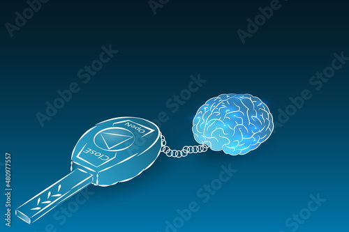 The concept of mind control depicted as a key to brain activity. Vector illustration.