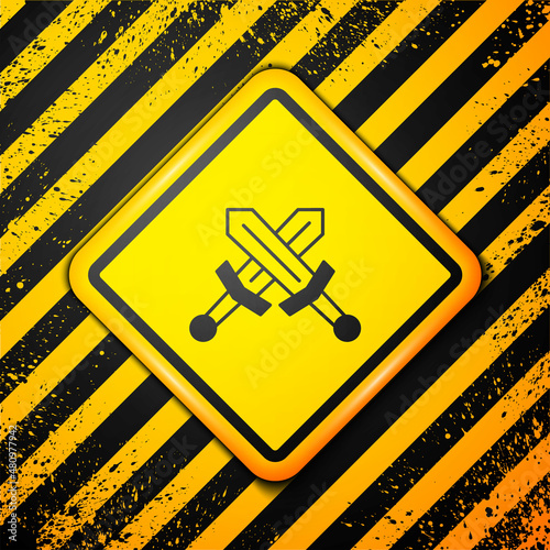 Black Crossed medieval sword icon isolated on yellow background. Medieval weapon. Warning sign. Vector