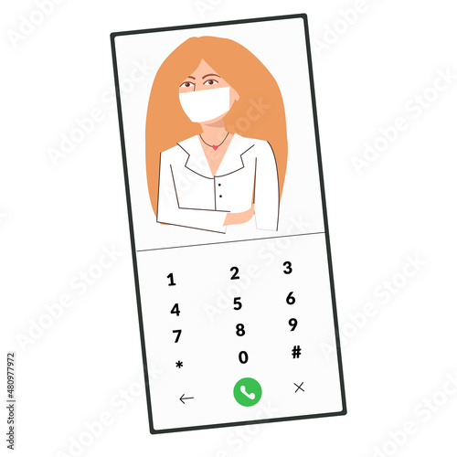 Tele medicine, online doctor and medical consultation concept. Female doctor helps a patient on a mobile phone. Flat cartoon style vector illustration.