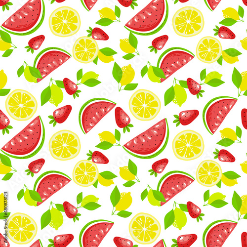 Fototapeta Naklejka Na Ścianę i Meble -  Sweet seamless pattern. Print with watermelons, lemons, strawberries and leaves.