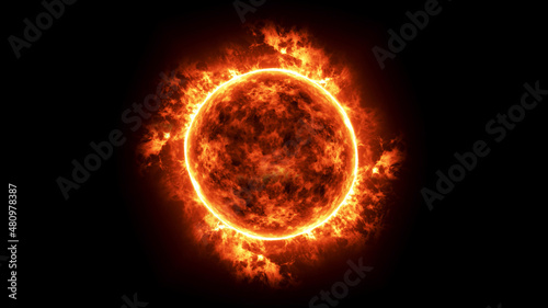 4K resolution, Full Sun surface loop view with solar flares on a black background and copy space on black background, global warming concept. Abstract scientific in universe background.