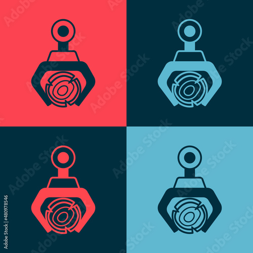 Pop art Grapple crane grabbed a log icon isolated on color background. Forest industry. Industrial crane for lumber trunk wood production. Vector