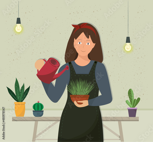 A happy smiling young woman watering house plants, domestic life concept, flat vector illlustration