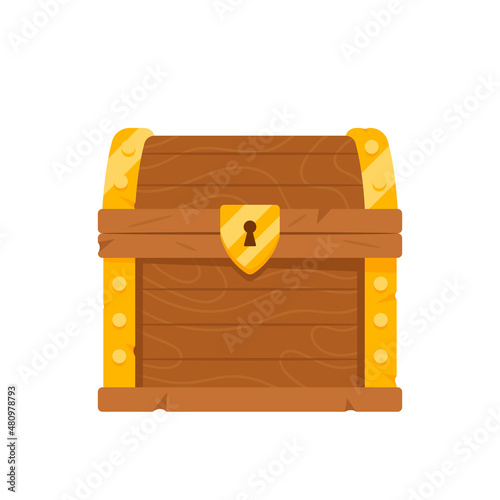 Closed Wooden Chest with Golden Fetter and Key Hole. Treasure Box With Gold Money, Wealth or Pirate Chests Loot