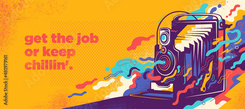 Abstract graffiti design with vintage photo camera and colorful splashing shapes. Vector illustration.