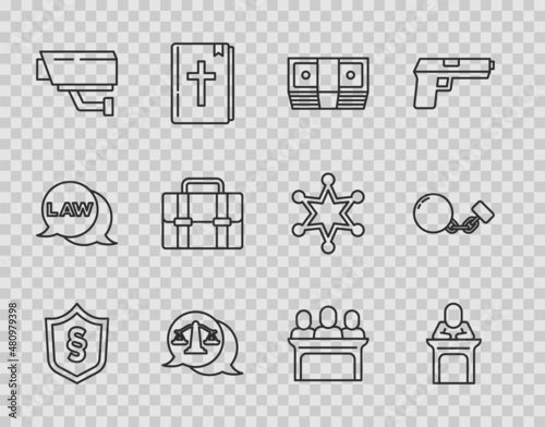 Set line Justice law in shield, Judge, Bribe money cash, Scales of justice, Security camera, Briefcase, Jurors and Ball chain icon. Vector